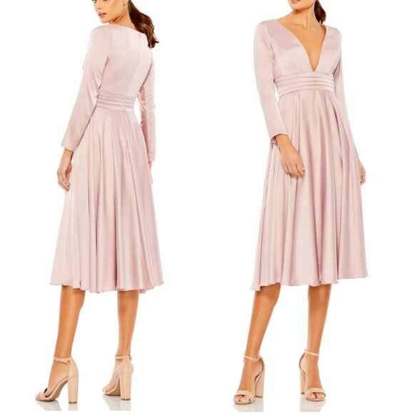NEW 12 MAC DUGGAL ROSE BLUSH PINK SATIN PLUNGE A LINE TEA LENGTH MIDI DRESS NWT - Picture 1 of 1